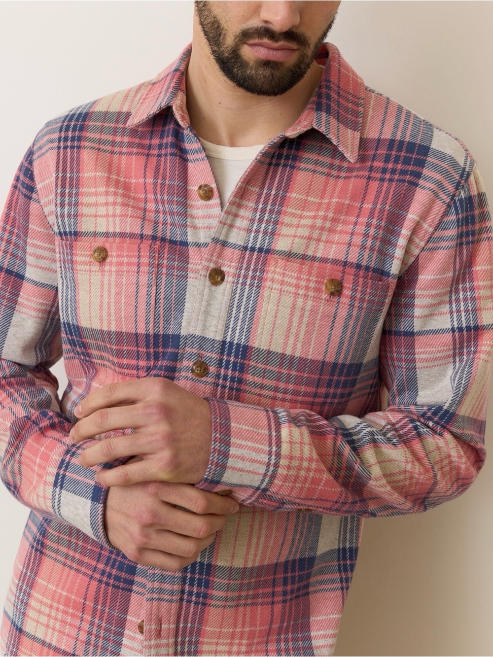 NWOT - Marine Layer Pacifica Stretch Twill Overshirt - pink multi plaid - larger